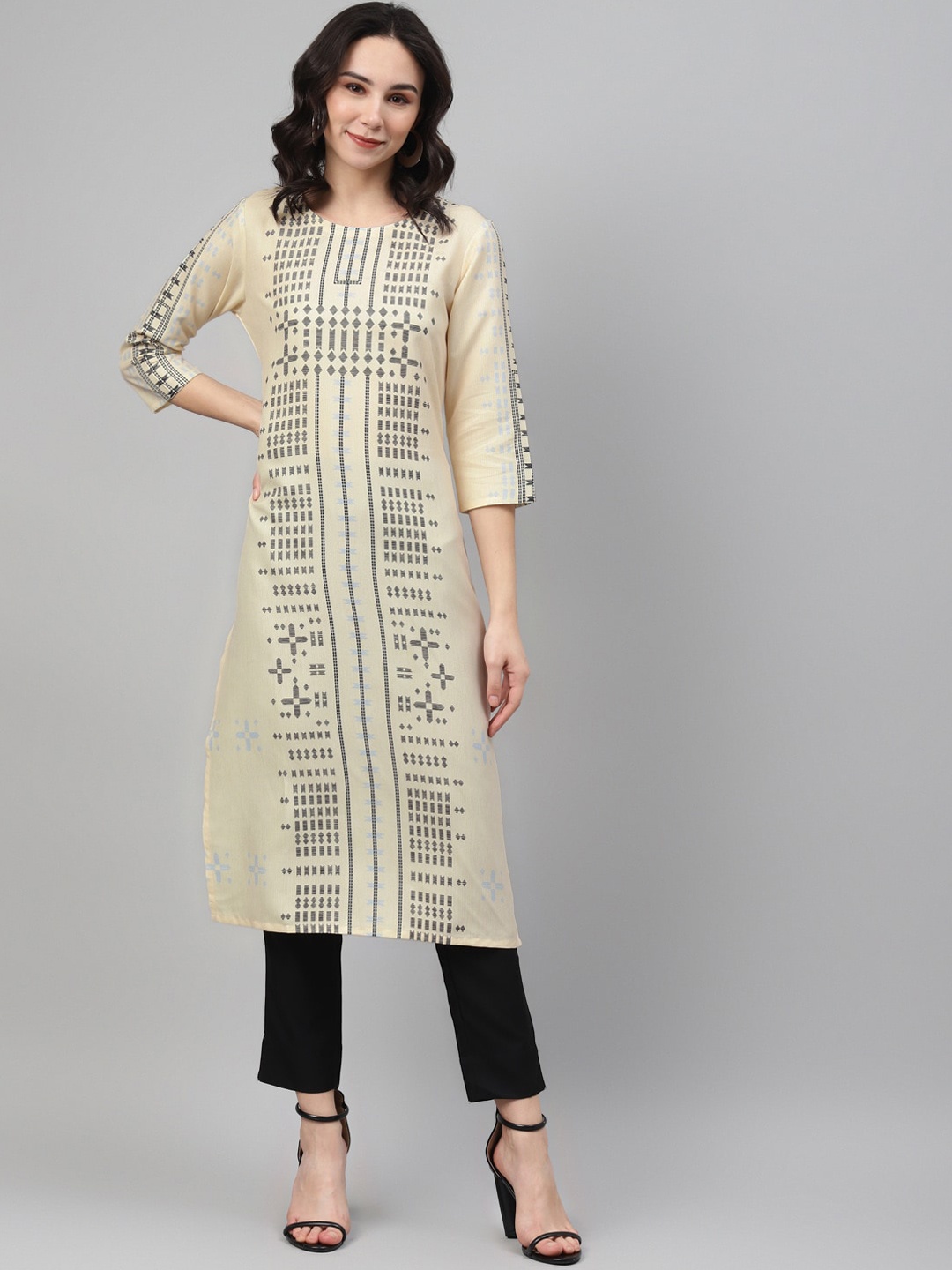 

ZIYAA Women Off White & Black Geometric Printed Kurta