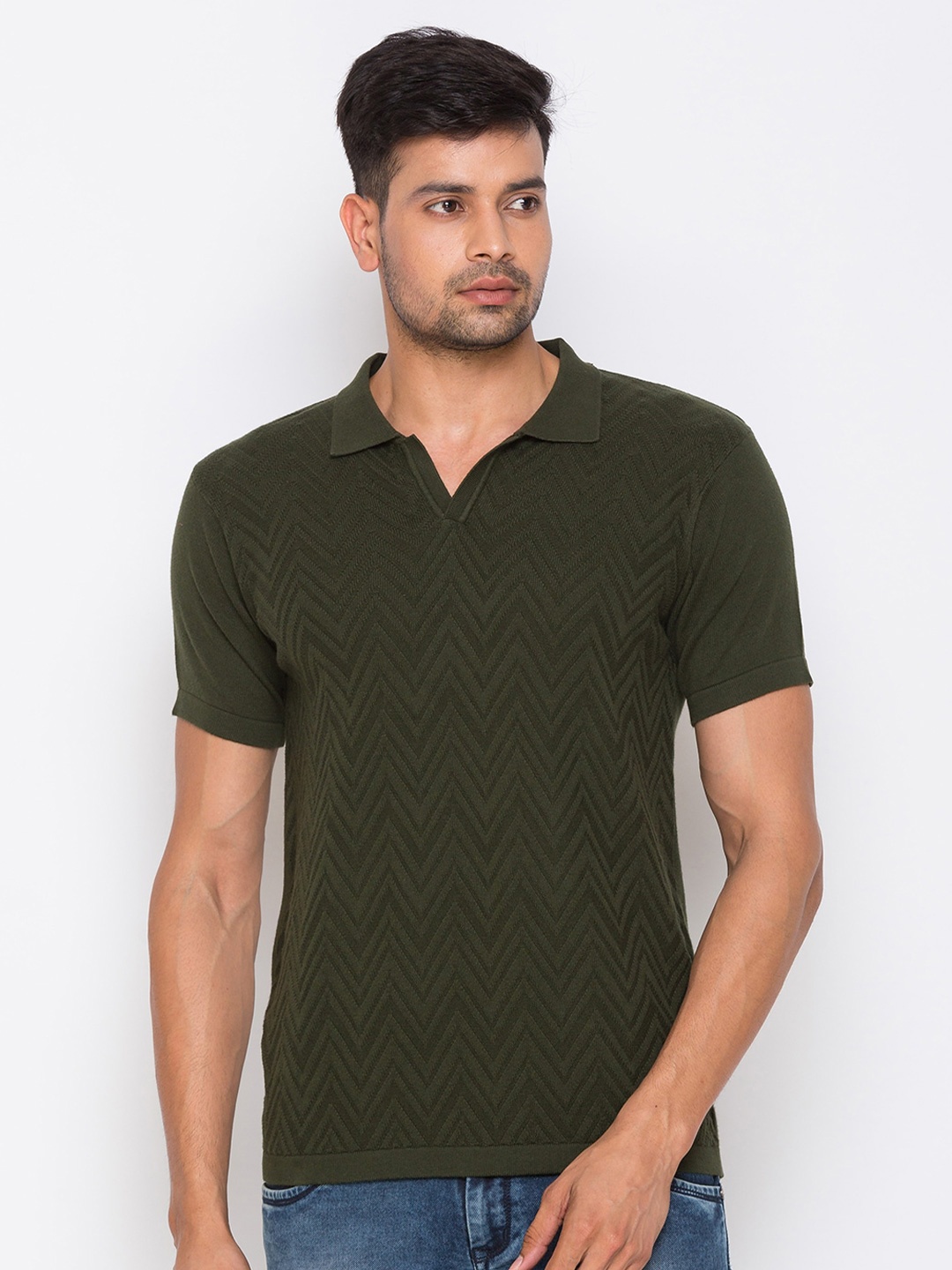 

Globus Men Olive Green Cotton Self Design Polo Collar T-shirt