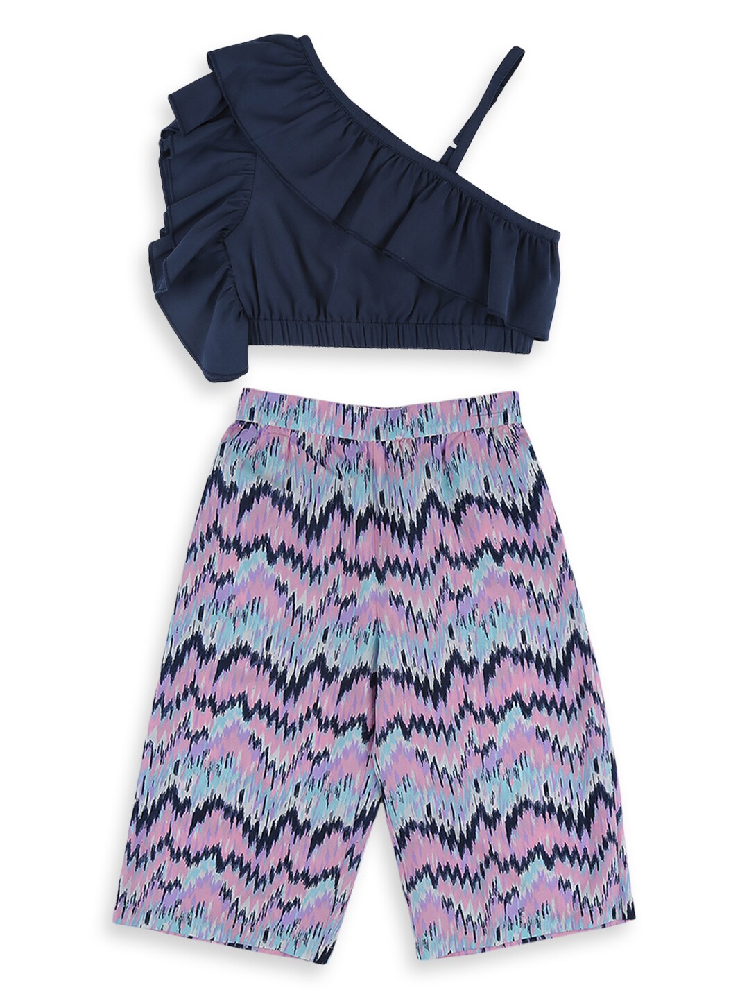 

Nauti Nati Girls Navy Blue & Pink Printed Top & Palazzo Set