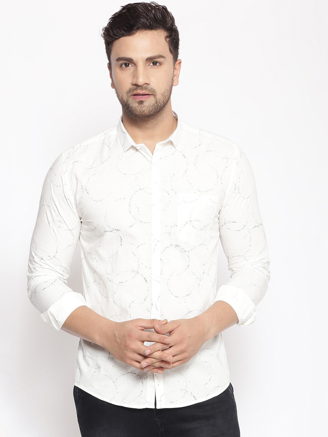 

SHOWOFF Men White & Black Cotton Classic Slim Fit Printed Casual Shirt