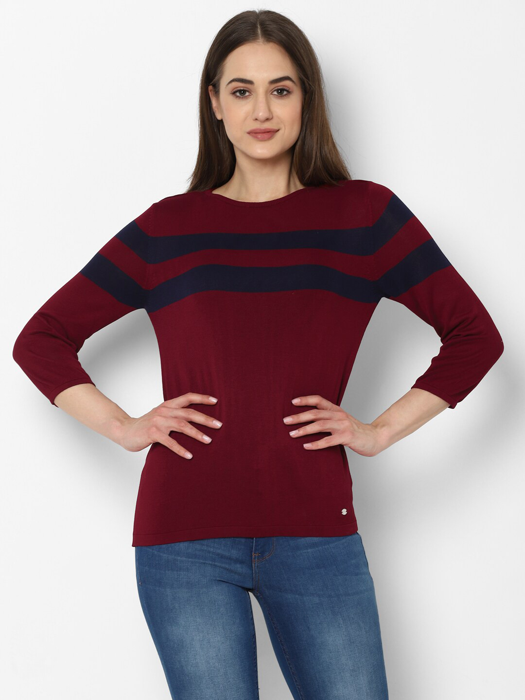 

Allen Solly Woman Maroon & Navy Blue Striped Regular Top