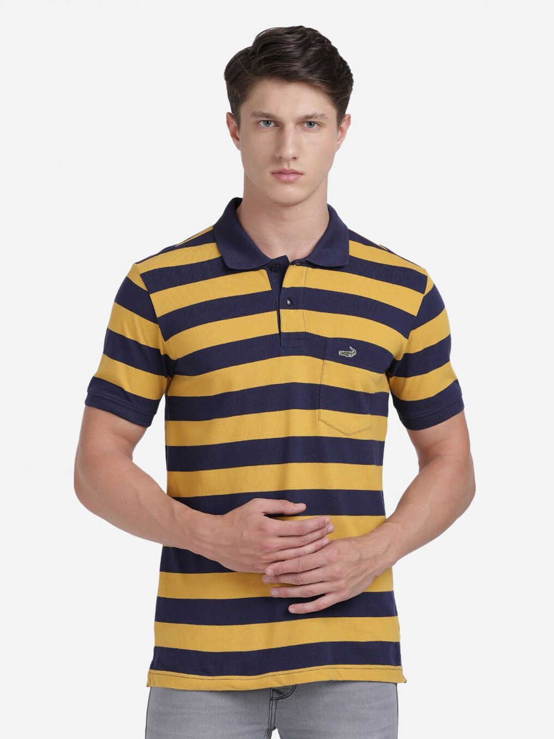

Crocodile Men Navy Blue & Yellow Striped Polo Collar Cotton T-shirt