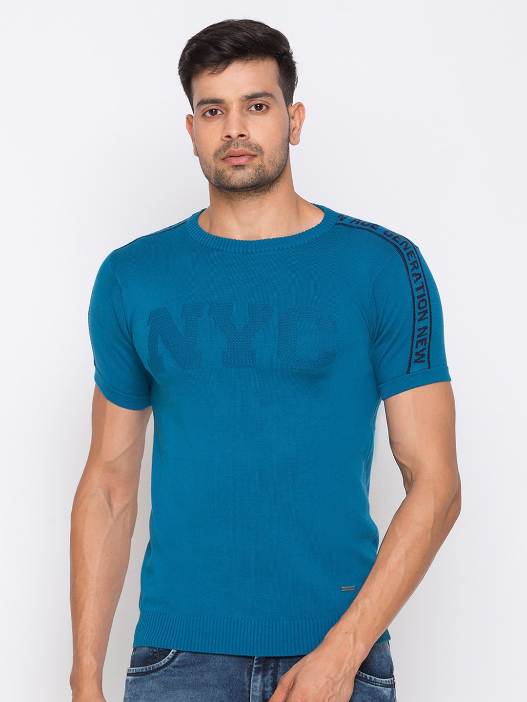 

Globus Men Teal Blue Cotton Self Design Round Neck T-shirt