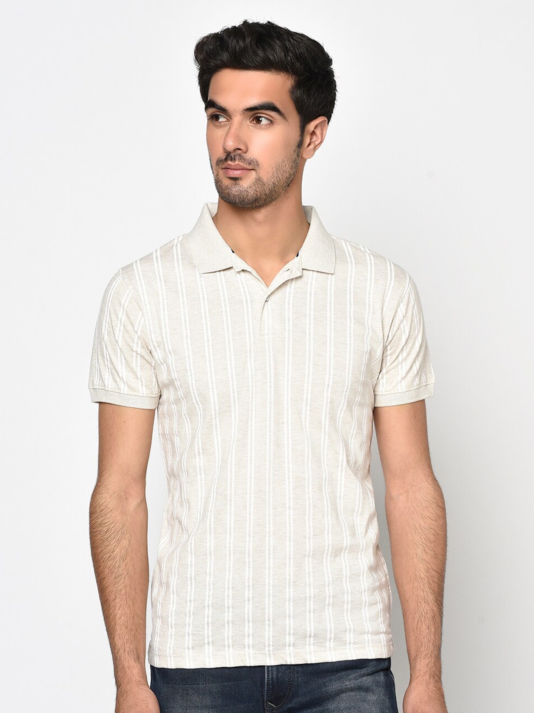 

Octave Men Cream-Coloured Striped Polo Collar T-shirt