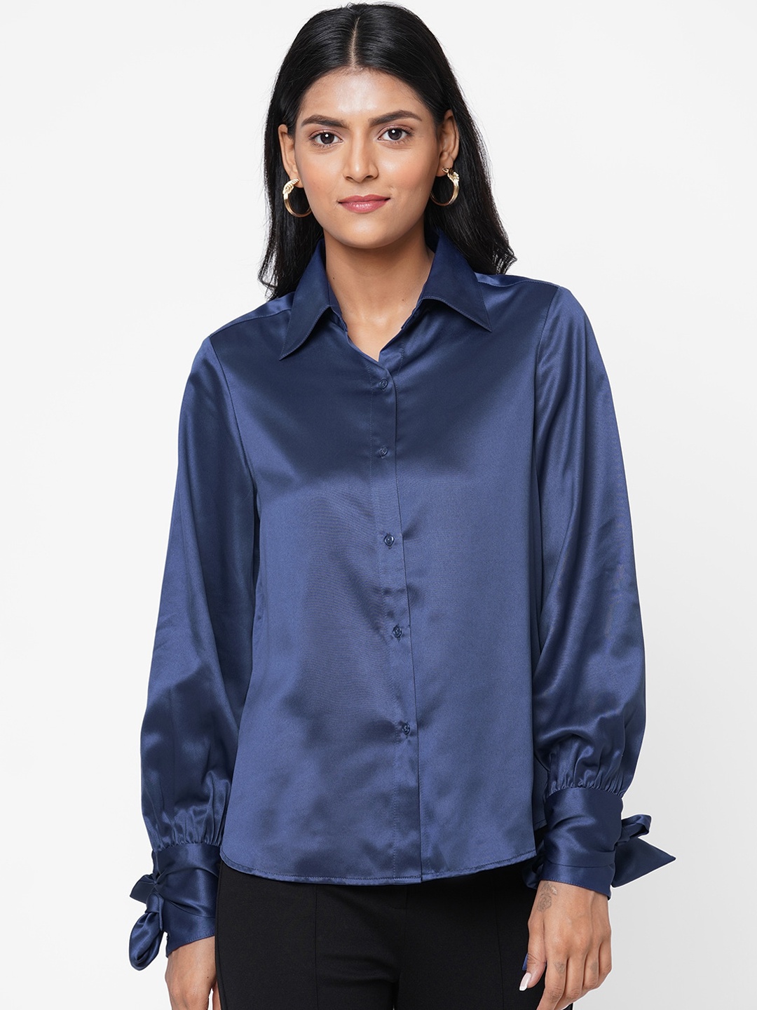 

20Dresses Blue Shirt Style Satin Top