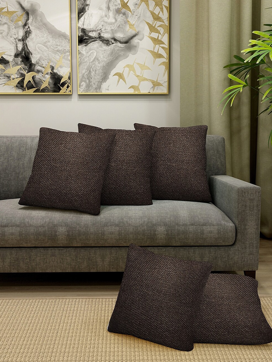 

HOSTA HOMES Brown Set of 5 Self Design Square Cushion Covers