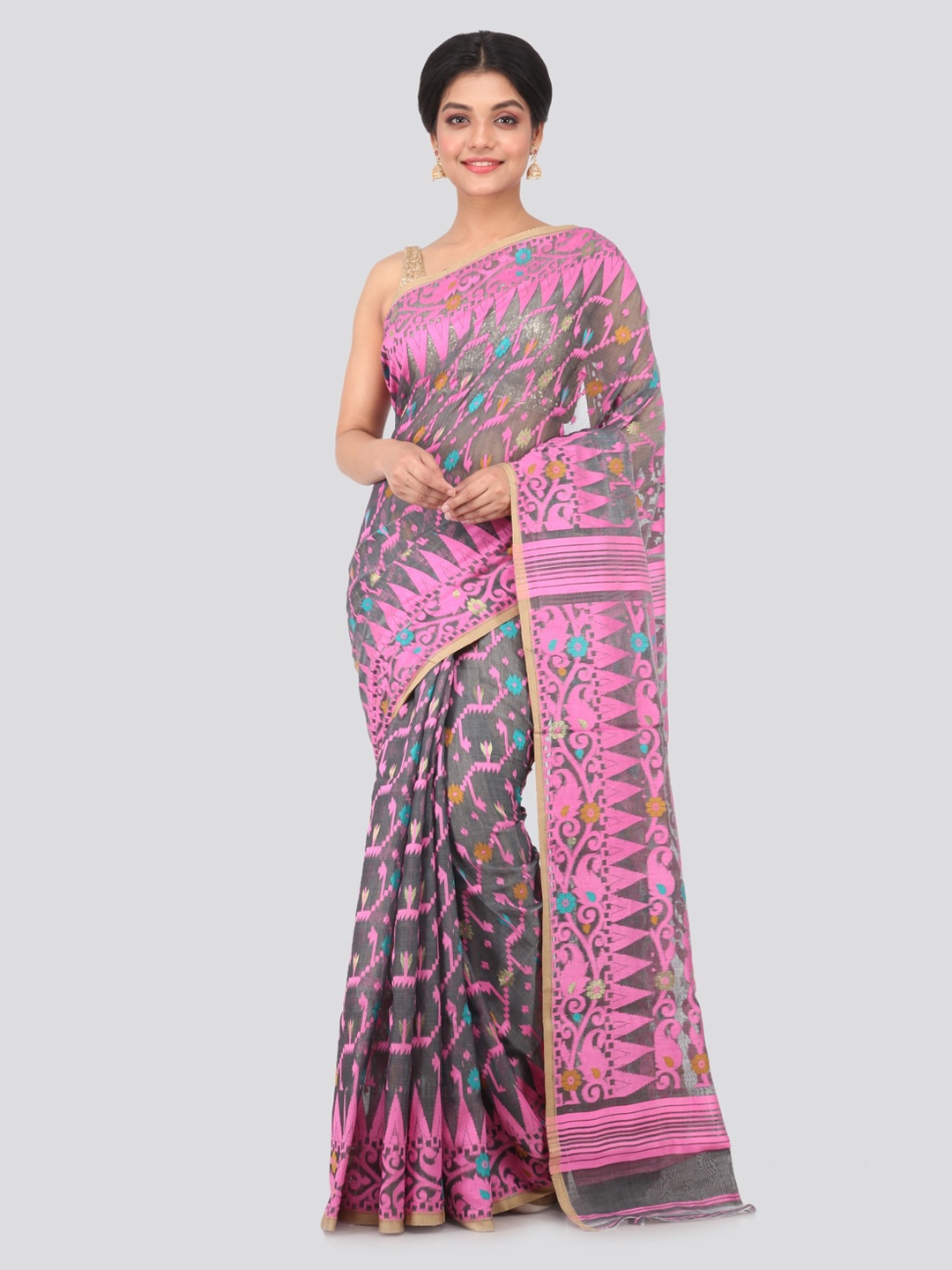 

PinkLoom Grey Pure Cotton Woven Design Jamdani Sustainable Saree