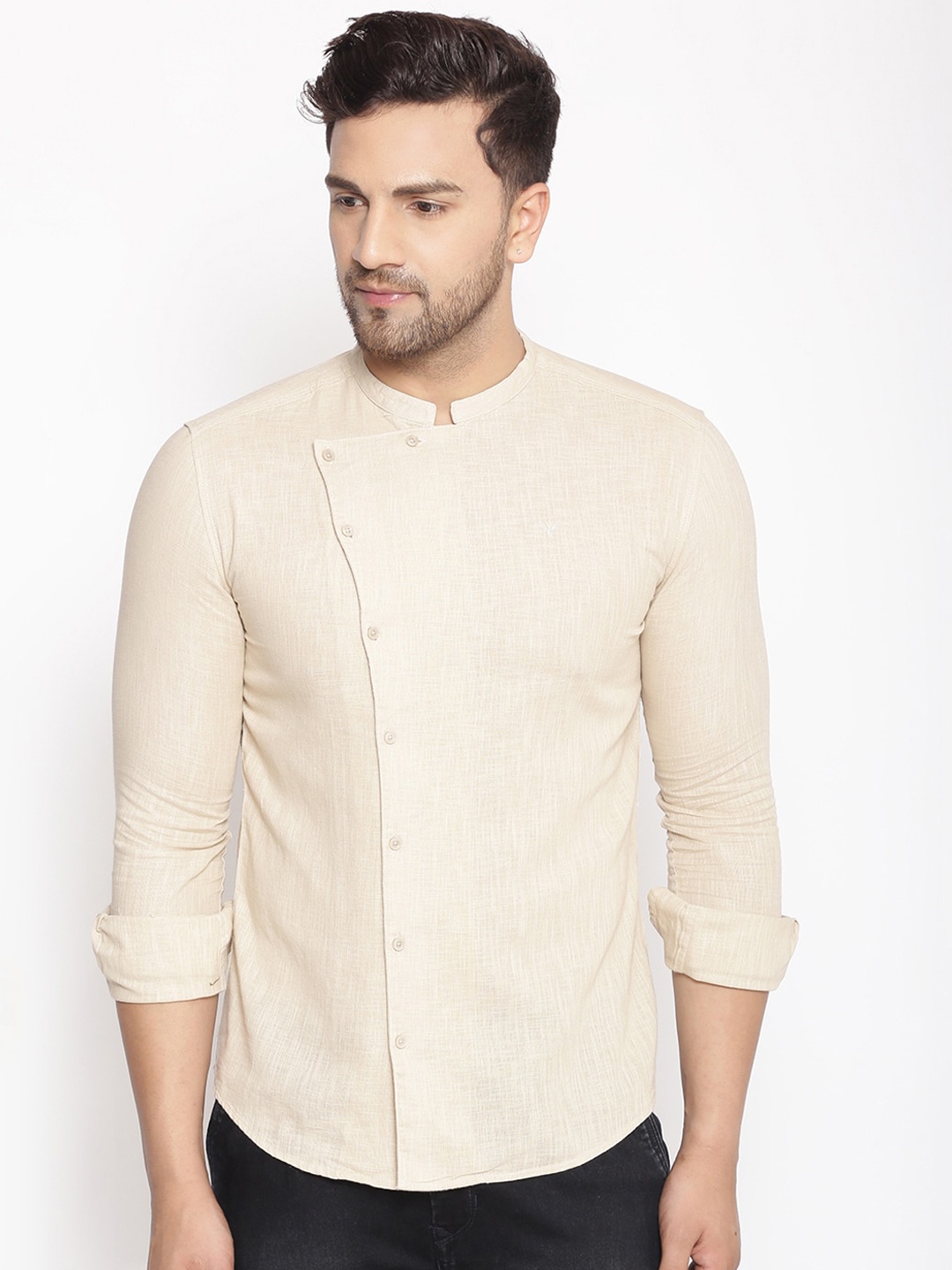

SHOWOFF Men Beige Lenin Classic Slim Fit Solid Casual Shirt