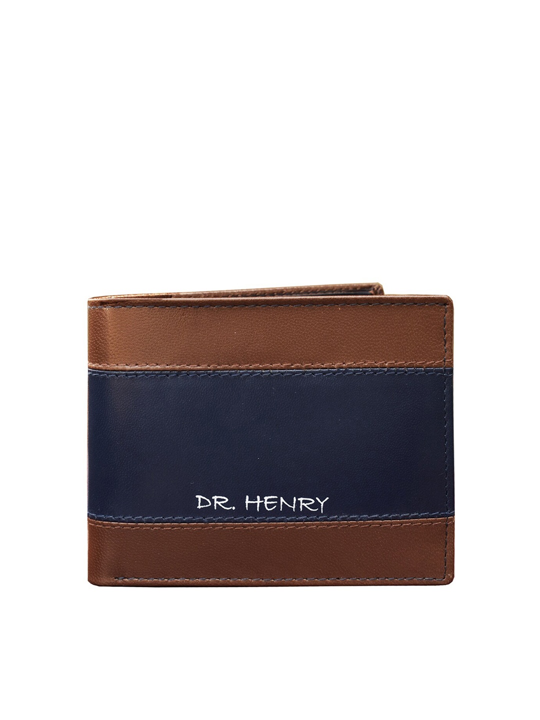 

DR. HENRY Men Tan & Navy Blue Textured Two Fold Leather Wallet