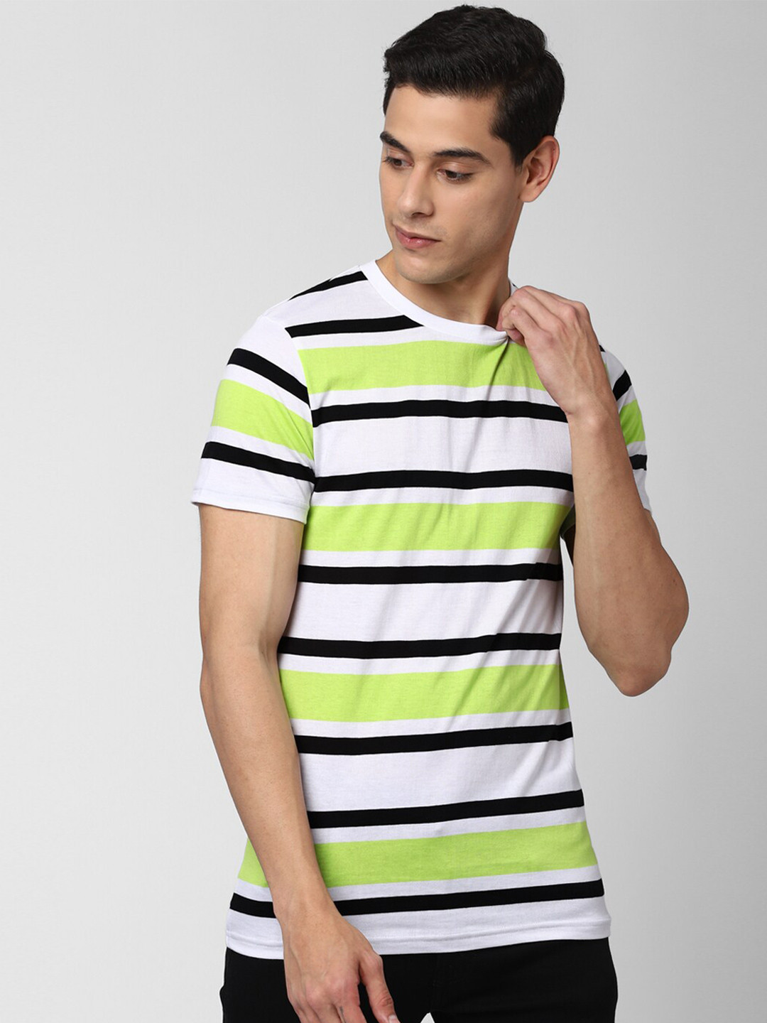 

Peter England Casuals Men White Striped V-Neck T-shirt