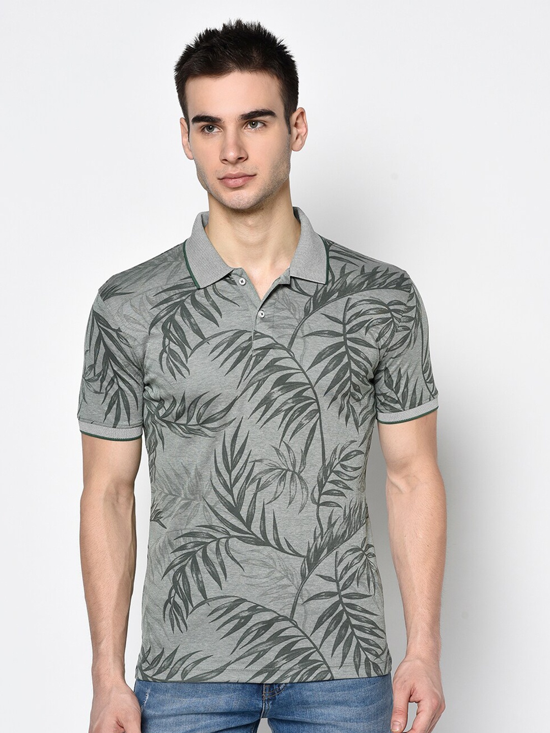 Octave Men Olive Green Tropical Printed Polo Collar T-shirt