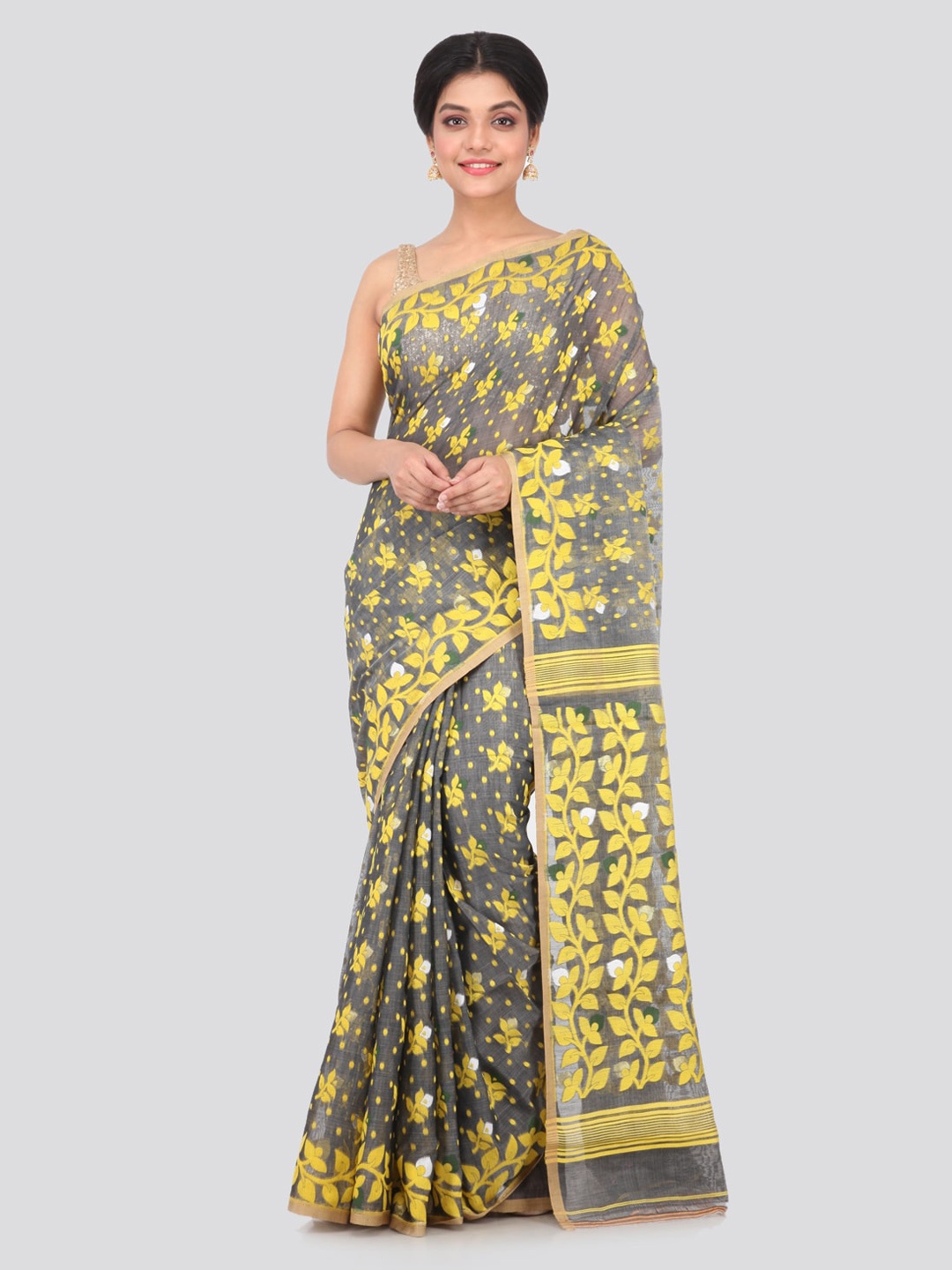 

PinkLoom Grey Woven Design Pure Cotton Handloom Jamdani Saree