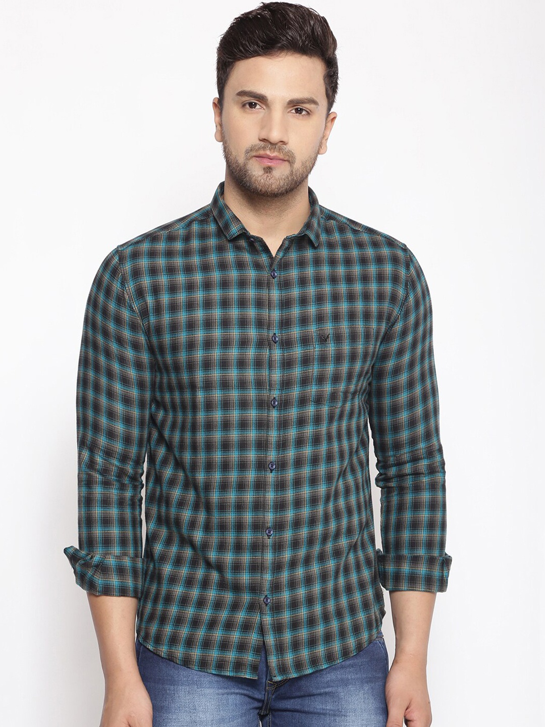 

SHOWOFF Men Green & Black Cotton Classic Slim Fit Checked Casual Shirt