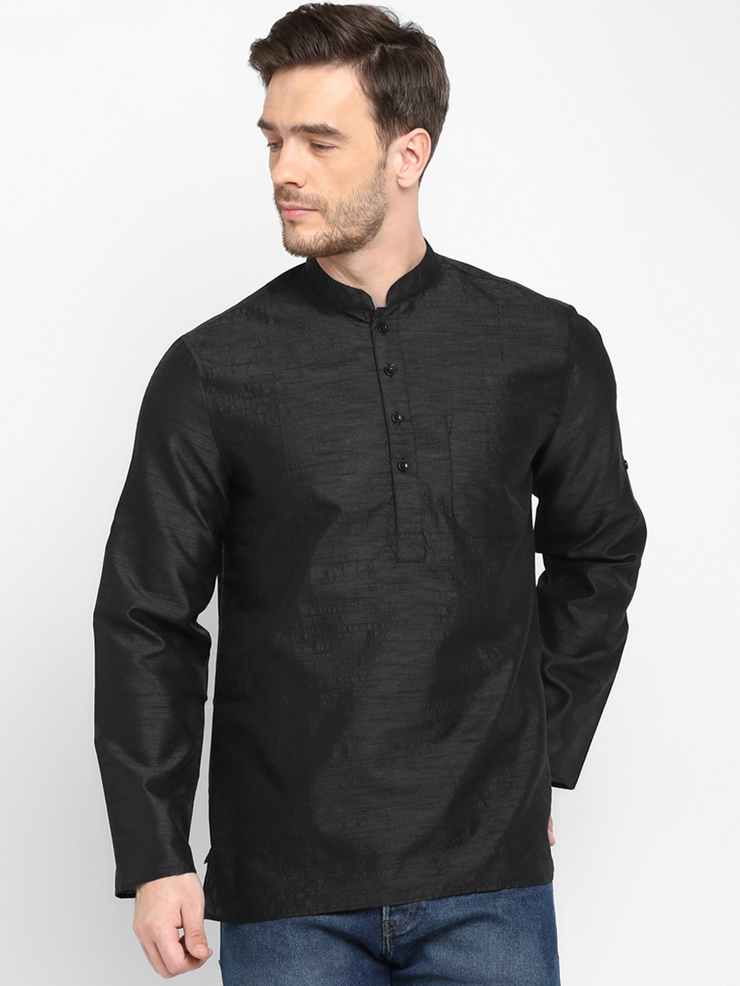 

Hangup Men Black Mandarin Collar Kurta