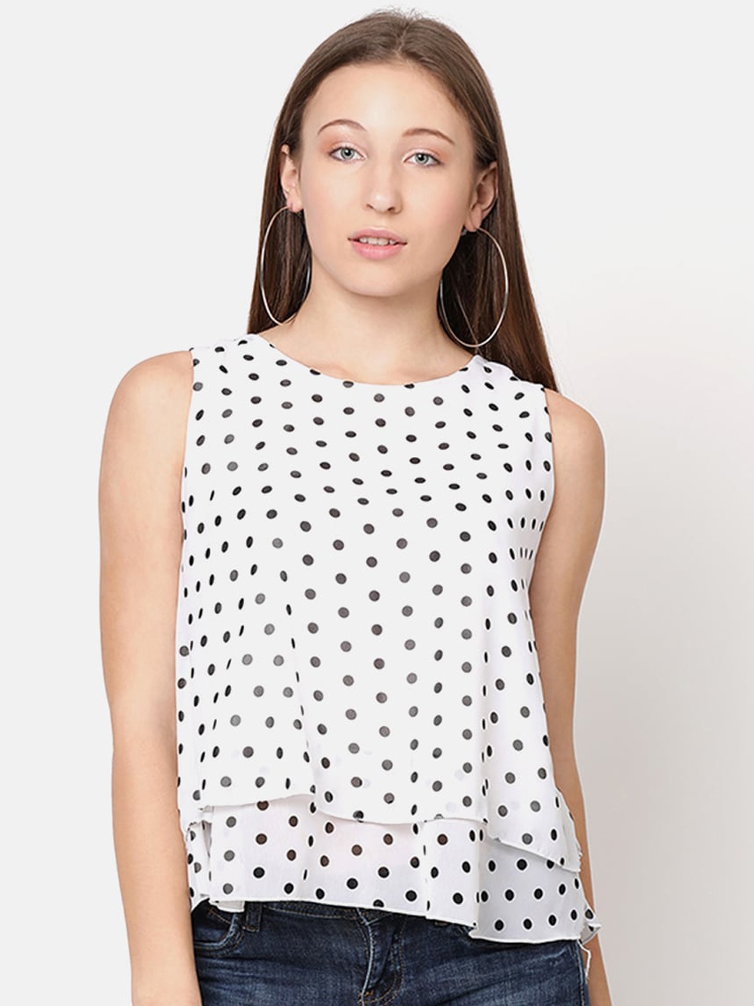 

V2 Value & Variety White & Black Polka Dots Printed Georgette Tiered Crop Top