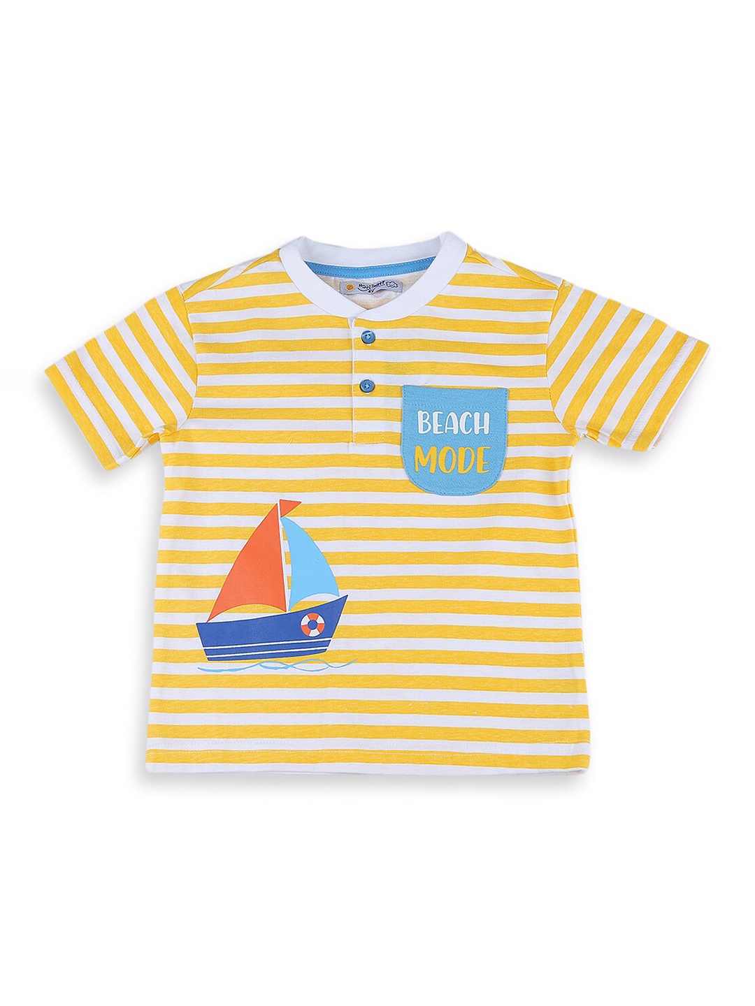 

Nauti Nati Boys Yellow & White Pure Cotton Striped Henley Neck T-shirt