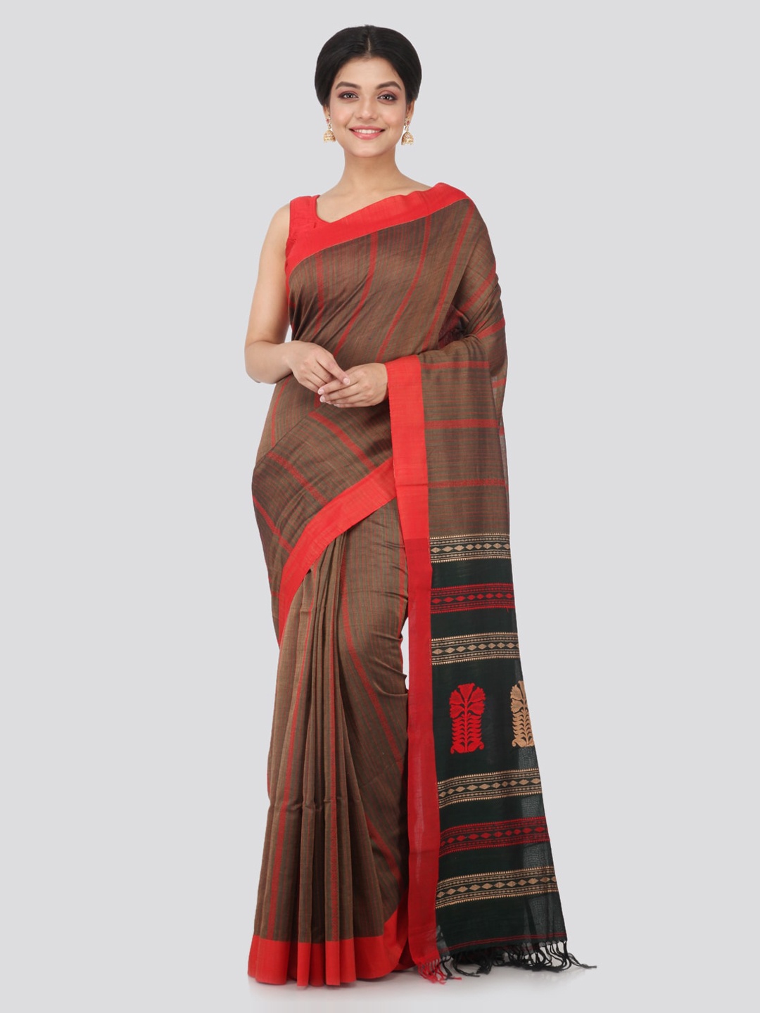 

PinkLoom Brown Striped Pure Cotton Handloom Sustainable Saree