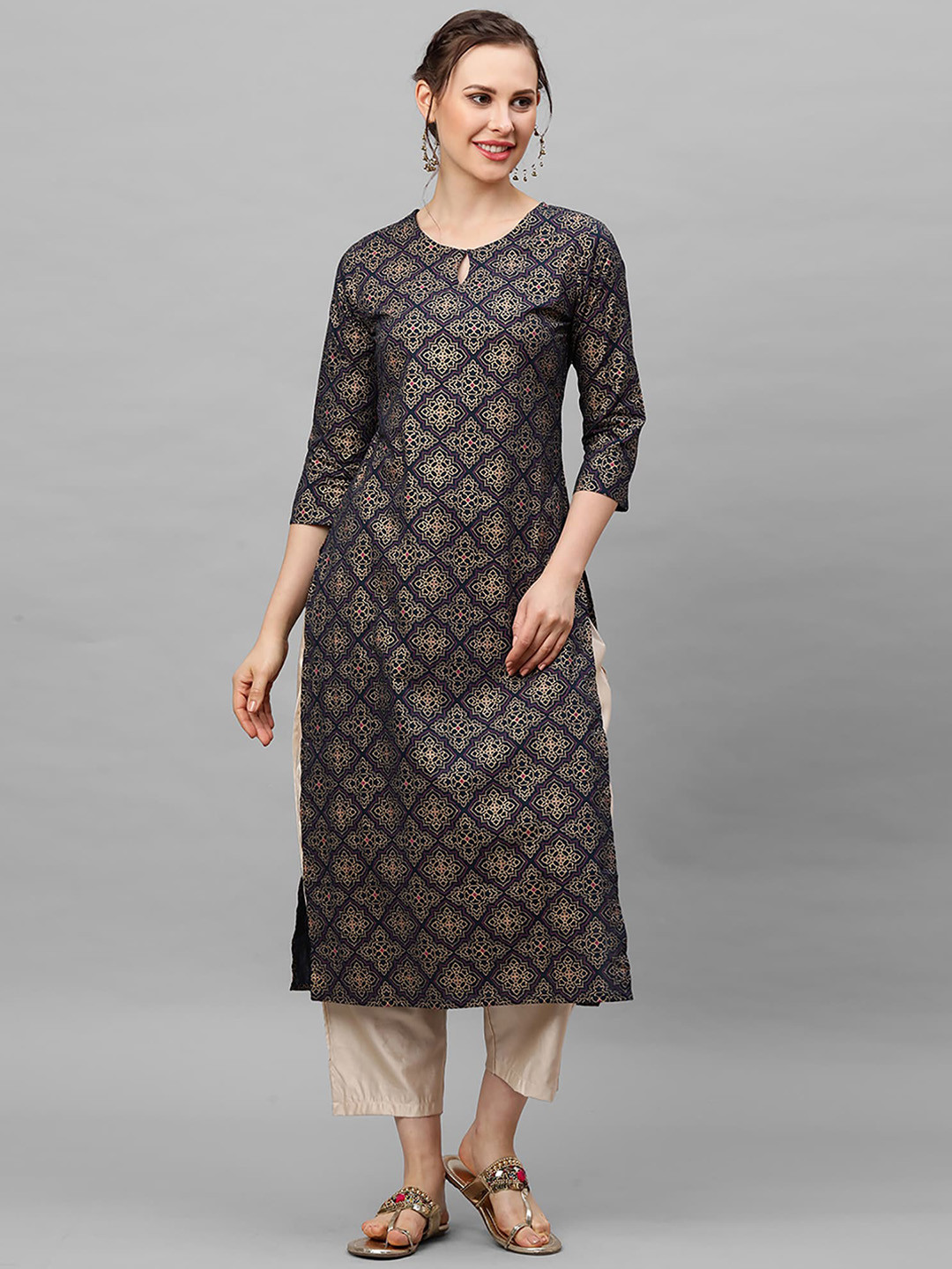 

Indo Era Women Navy Blue Ethnic Motifs Printed Keyhole Neck Thread Work Kurta