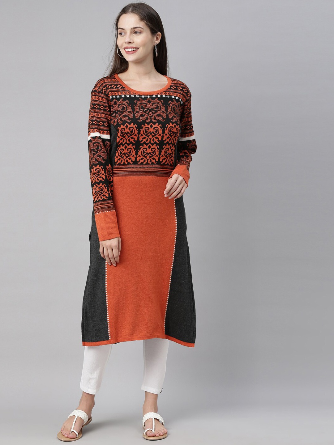 

Neerus Women Black & Orange Ethnic Motifs Printed Acrylic Knitted Kurta