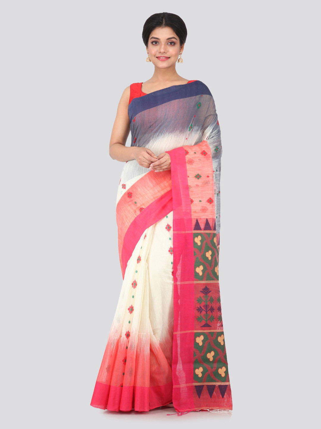 

PinkLoom White Woven Design Cotton Blend Handloom Sustainable Saree