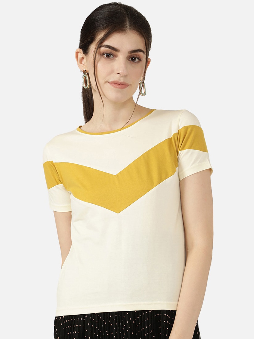 

V2 Value & Variety Cream-Coloured Colourblocked Chambray Regular Top
