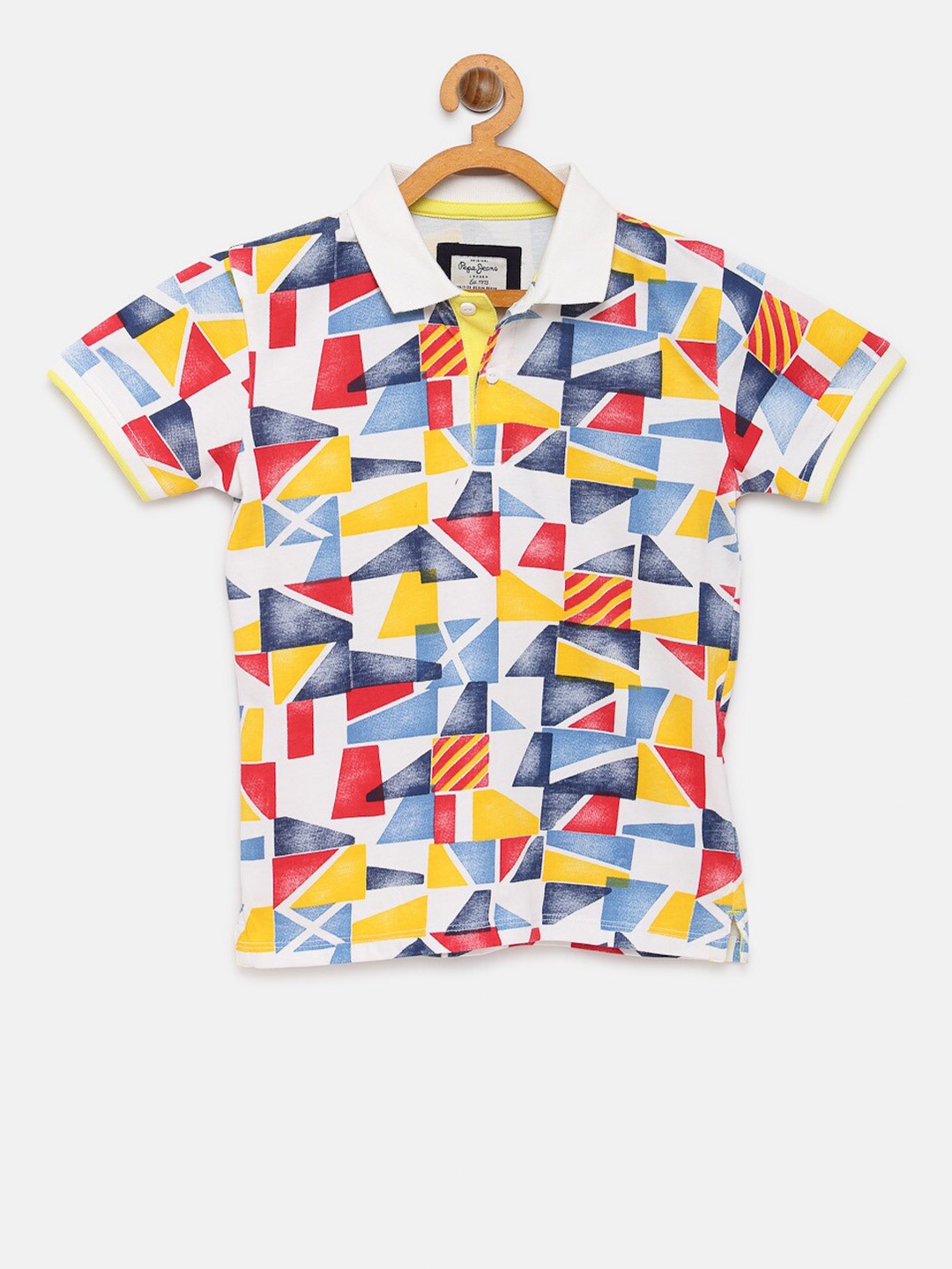 

Pepe Jeans Boys White Blue Printed Pure Cotton Polo Collar Pure Cotton T-shirt