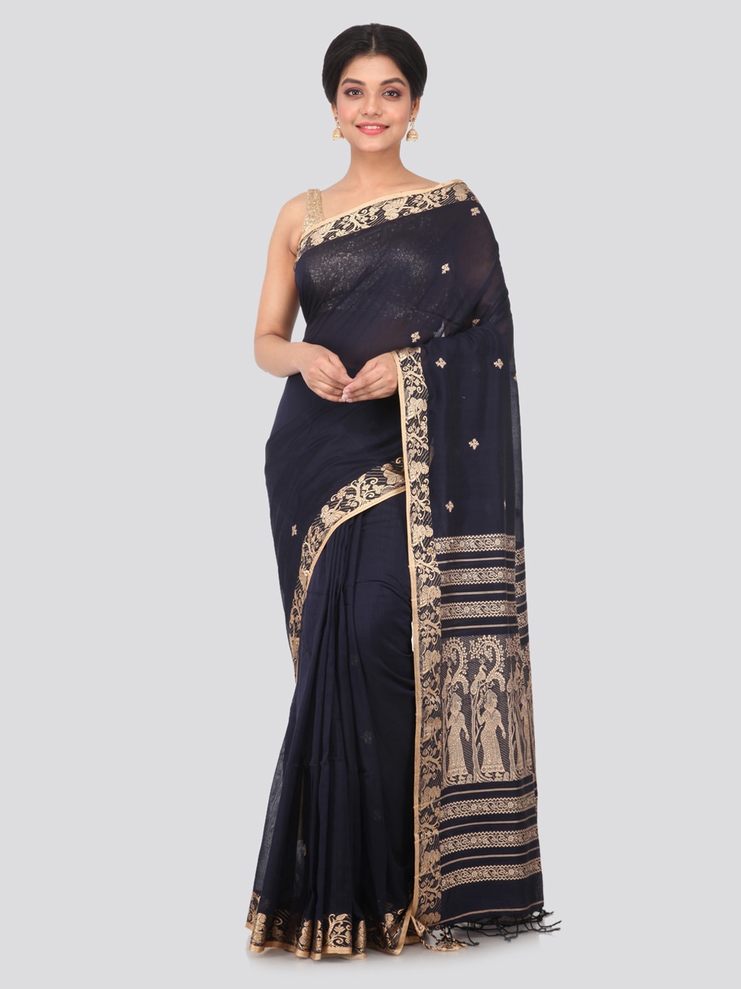 PinkLoom Navy Blue Woven Design Cotton Handloom Sustainable Saree