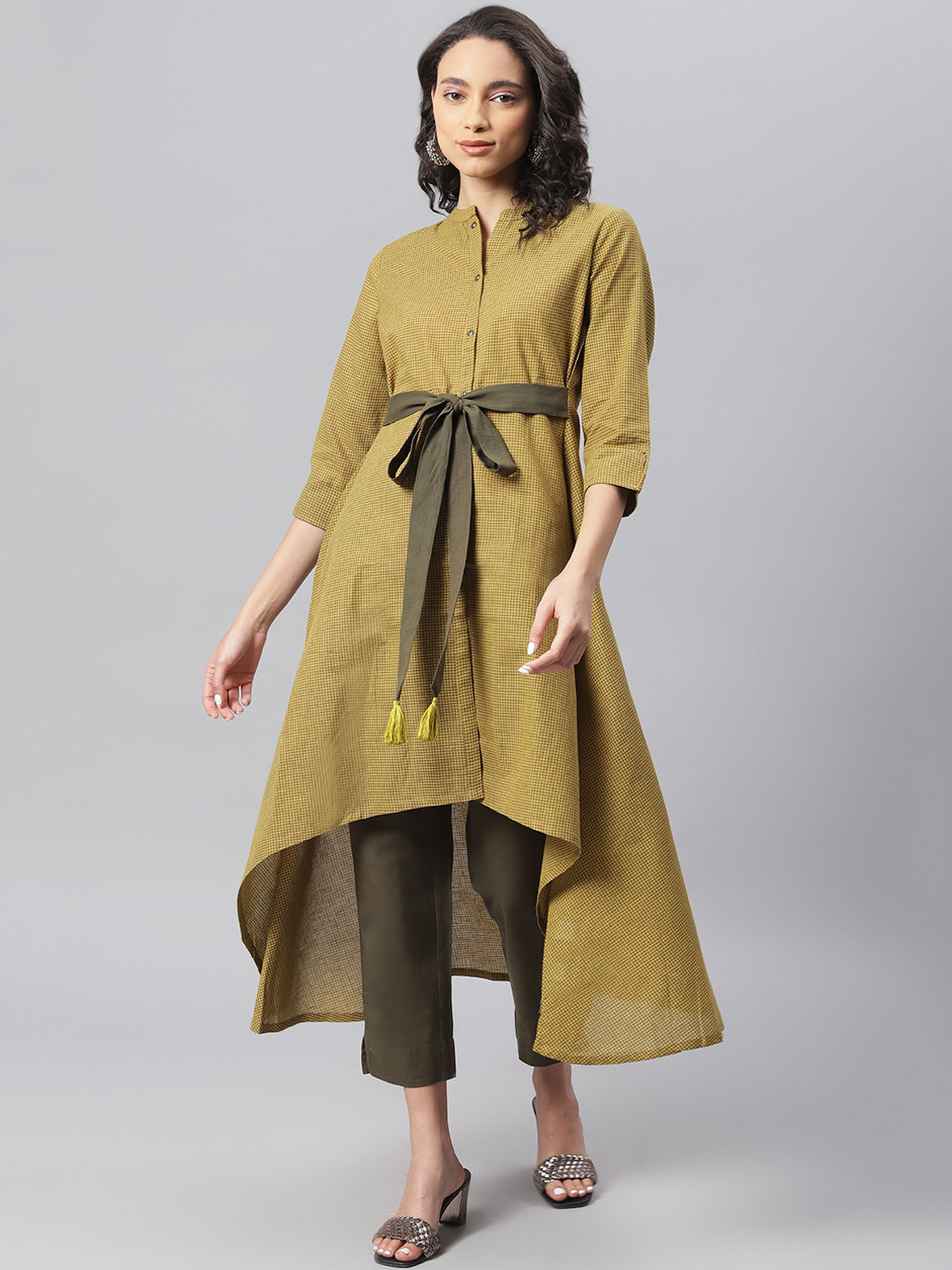 

Janasya Women Olive Green Cotton Checked Kurta