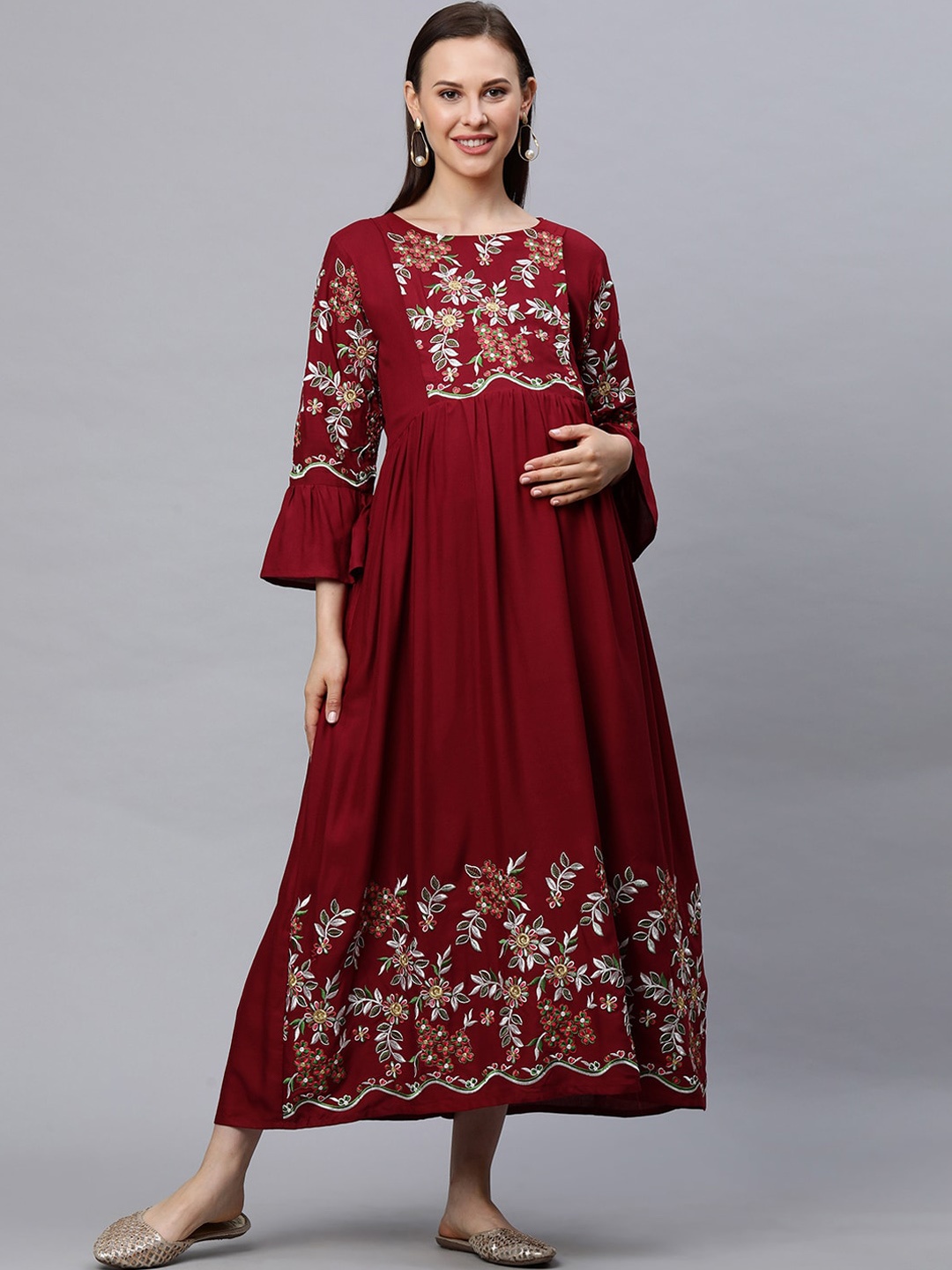 

MomToBe Women Maroon Embroidered Maternity Nursing Maxi Sustainable Dress