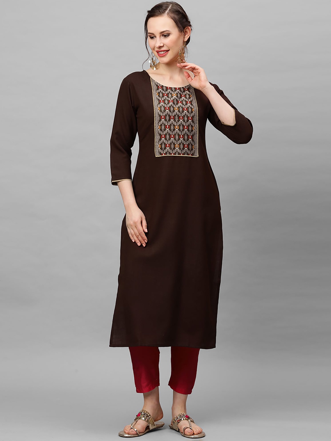 

Indo Era Women Brown Embroidered Thread Work Kurta