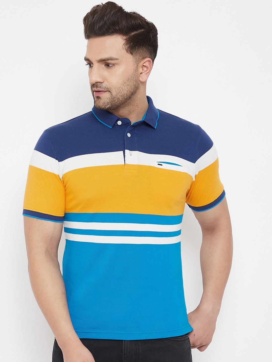 

Okane Men Yellow Colourblocked Polo Collar T-shirt