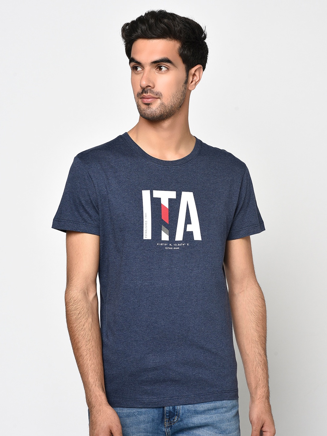 

Octave Men Blue Printed Round Neck T-shirt