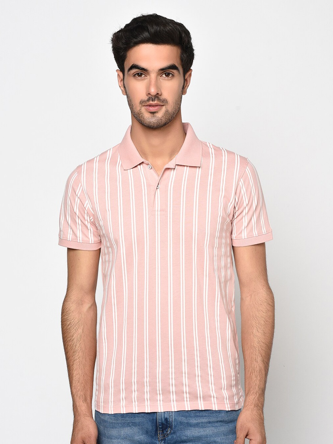 

Octave Men Pink Striped Polo Collar T-shirt