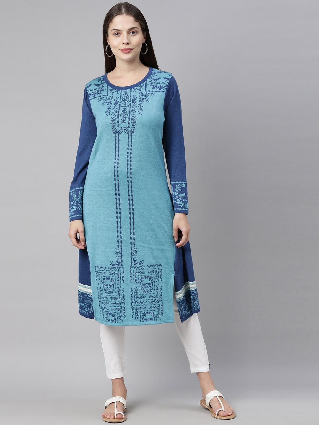 

Neerus Women Blue Ethnic Motifs Printed Acrylic Knitted Kurta