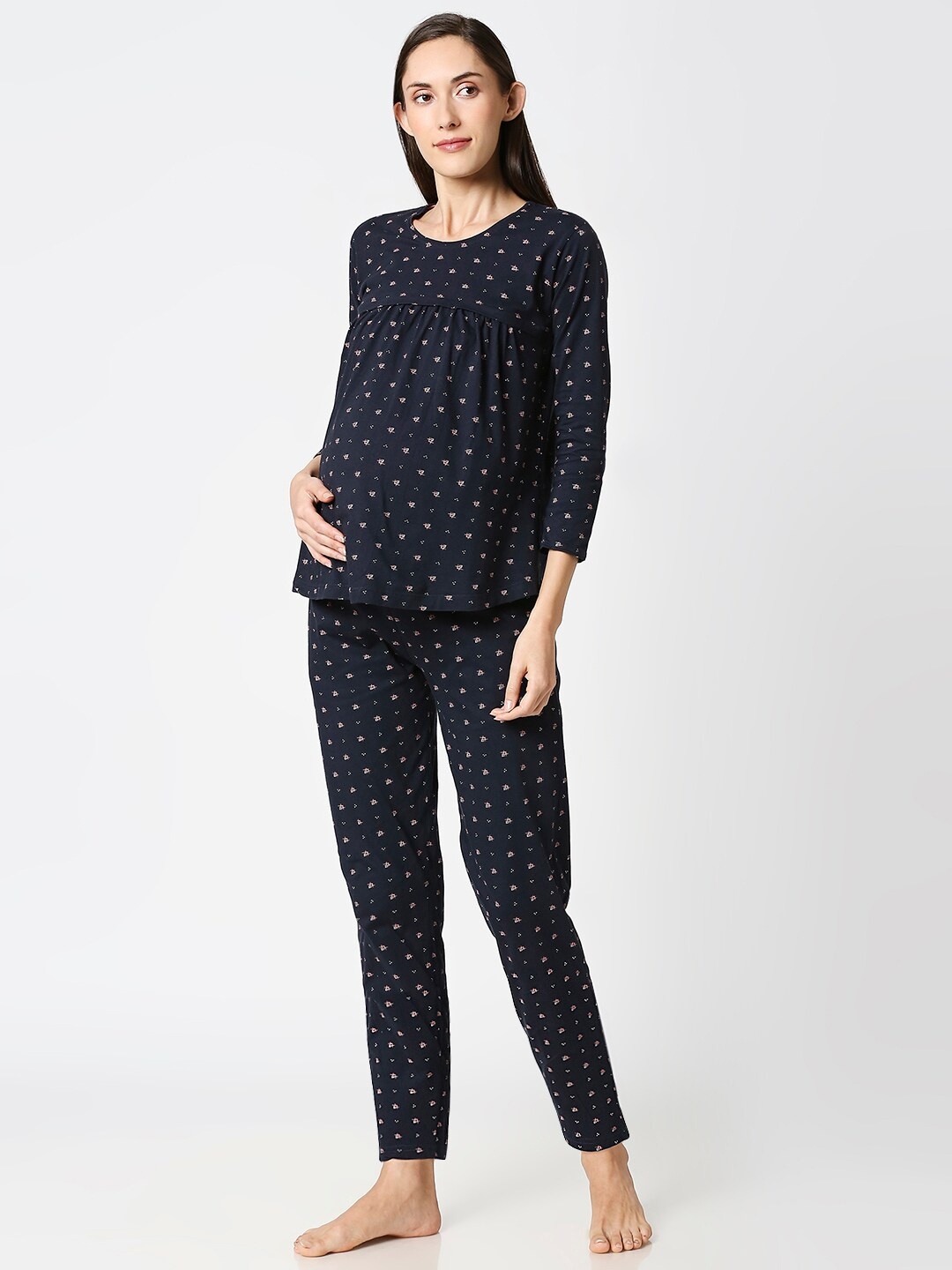 AV2 Women Navy Blue & Pink Printed Maternity/Nursing Night suit