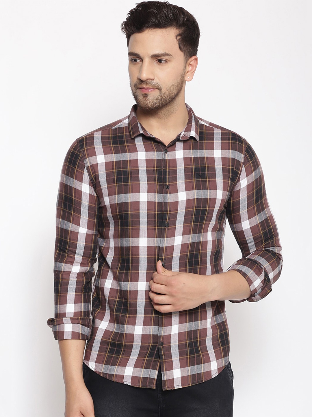 

SHOWOFF Men Brown & White Cotton Classic Slim Fit Checked Casual Shirt
