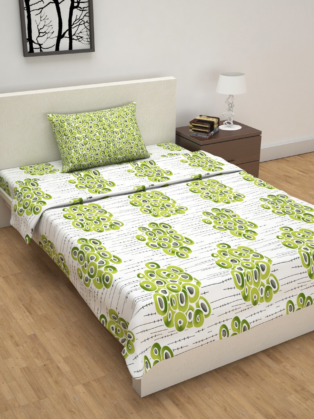 

Divine Casa White & Green Floral Printed 104 TC 100% cotton Single Bed Bedsheet With Pillow Cover & Dohar
