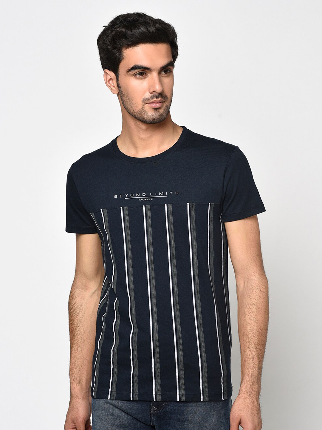 

Octave Men Navy Blue Striped Round Neck T-shirt