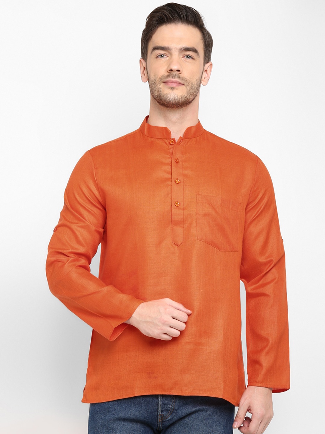 

Hangup Men Orange Mandarin Collar Kurta