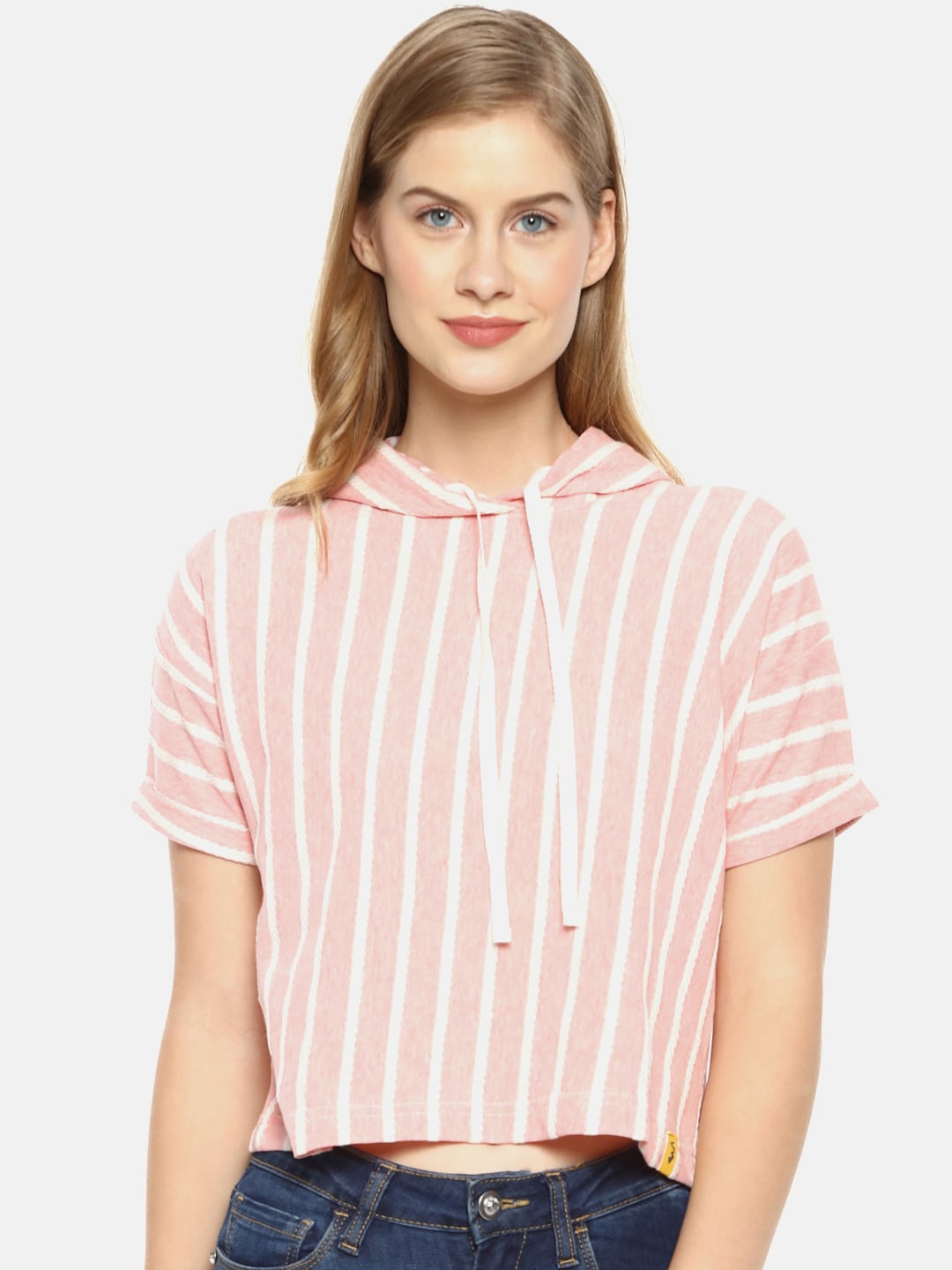 

Campus Sutra Pink Striped Cotton Regular Crop Top