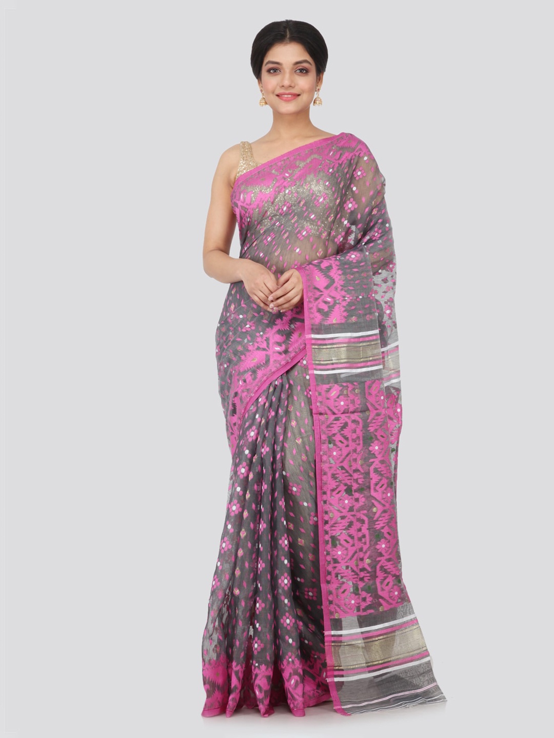 

PinkLoom Grey & Pink Pure Cotton Woven Design Jamdani Sustainable Saree