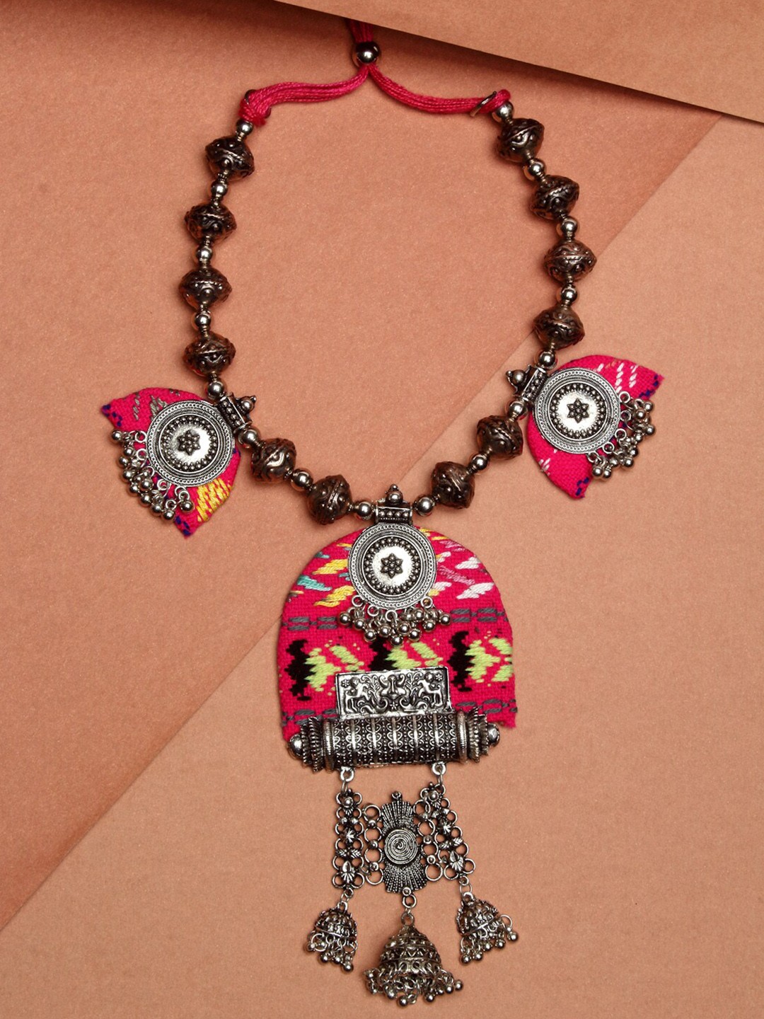 

NEUDIS Copper-Toned & Fuchsia Alloy Rhodium-Plated Afghan Necklace
