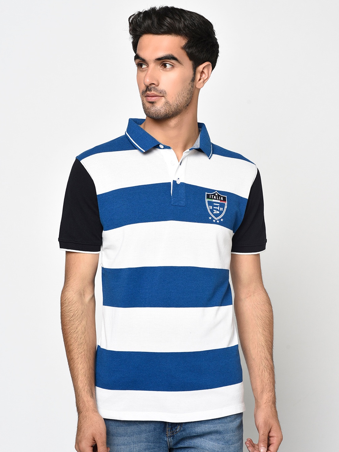 Octave Men Blue Striped Polo Collar T-shirt