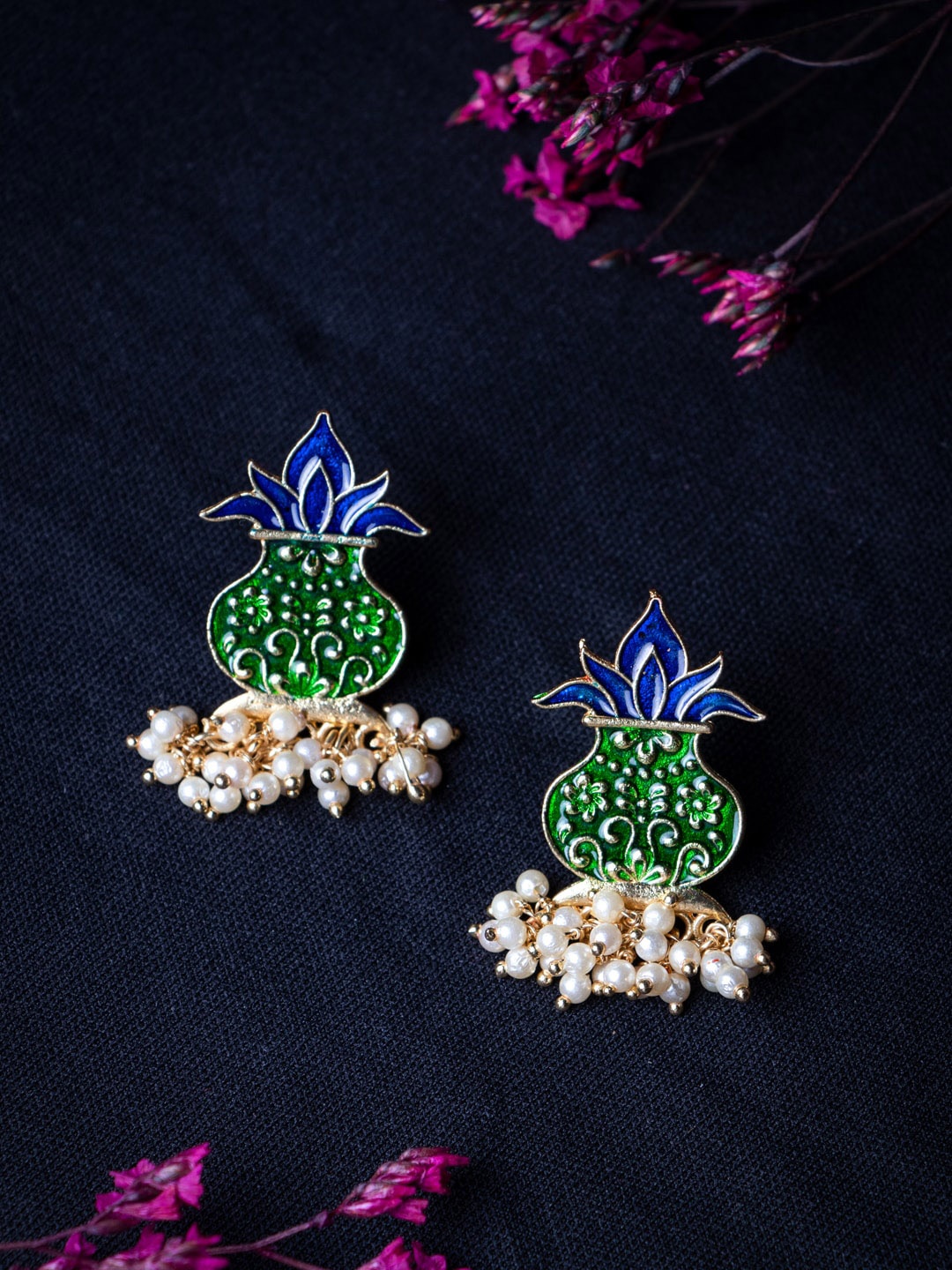 

MORKANTH JEWELLERY Green Gold-Plated Contemporary Jhumkas