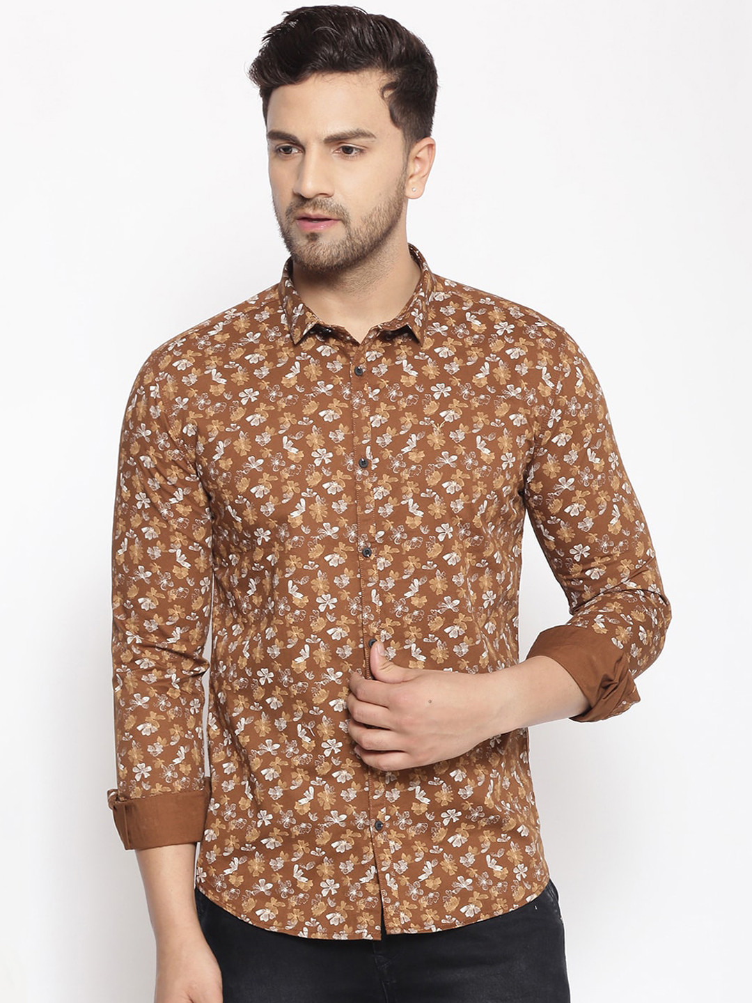 

SHOWOFF Men Brown & White Cotton Classic Slim Fit Printed Casual Shirt