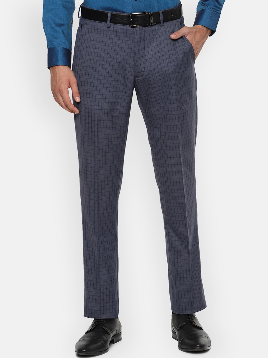 Louis Philippe Men Blue Regular Fit Checked Formal Trousers