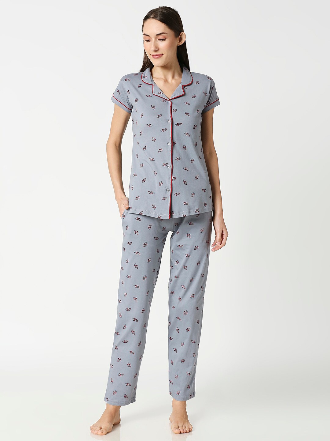

AV2 Women Grey & Maroon Printed Pure Cotton Night Suit