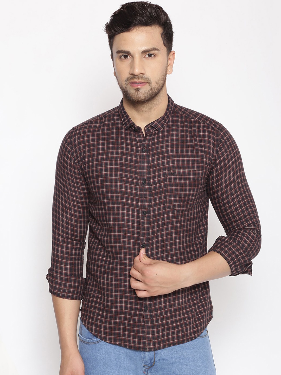 SHOWOFF Men Brown & Off-White Cotton Classic Slim Fit Checked Casual Shirt