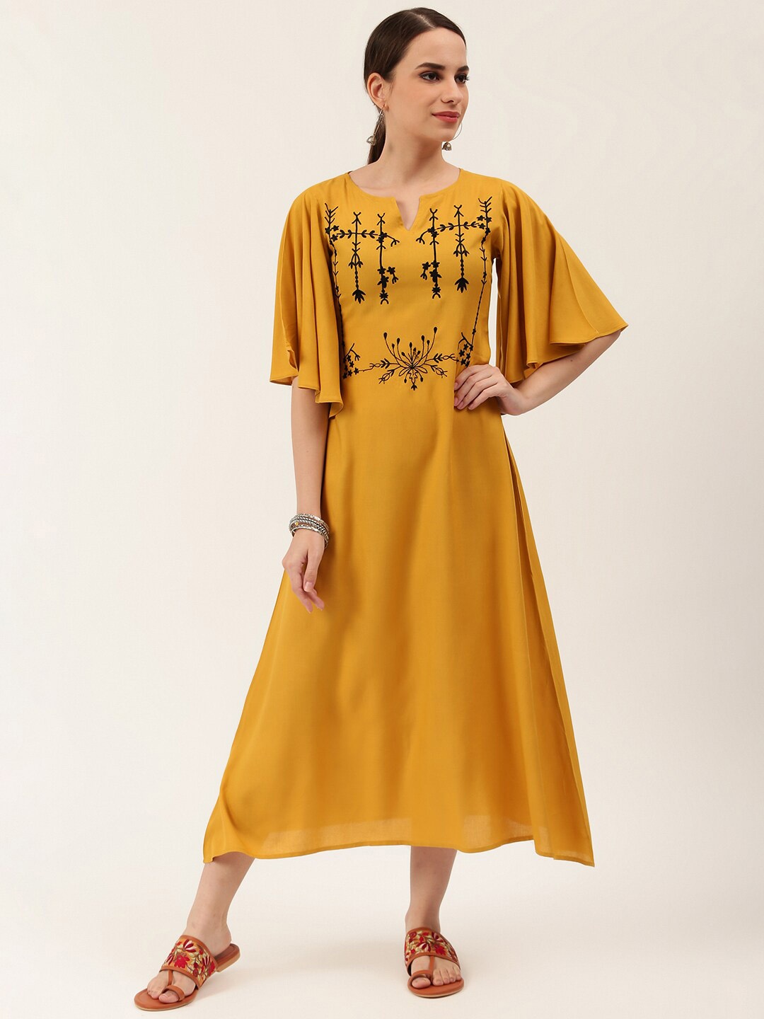 

Rustorange Women Yellow Embroidered Maxi Dress