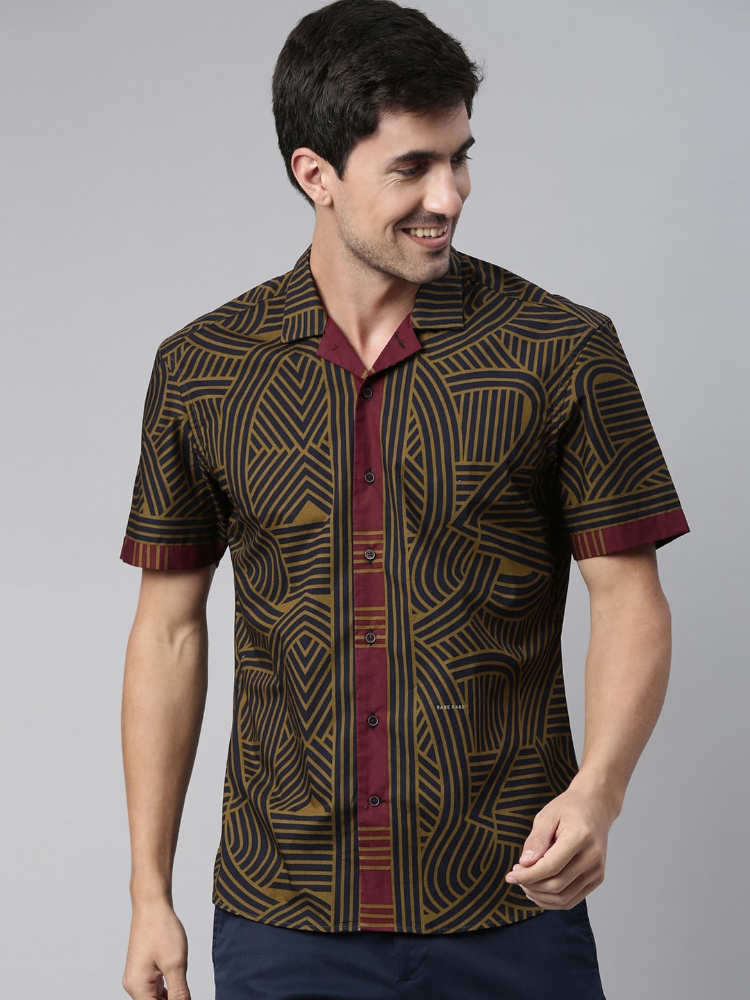 RARE RABBIT Men Links Abstract Print Cotton Shirt, Brown